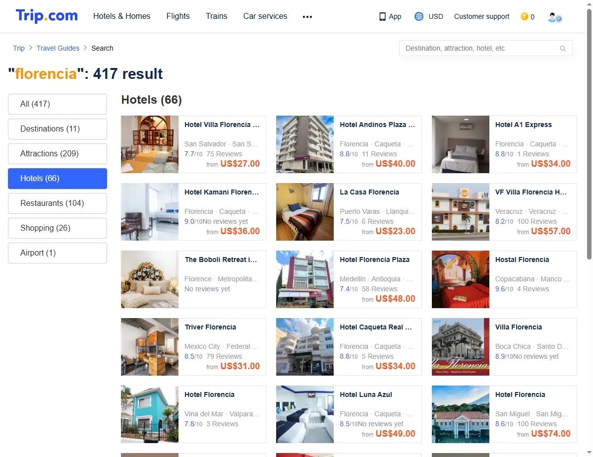 Captura de pantalla mostrando ofertas de hoteles en Florencia.