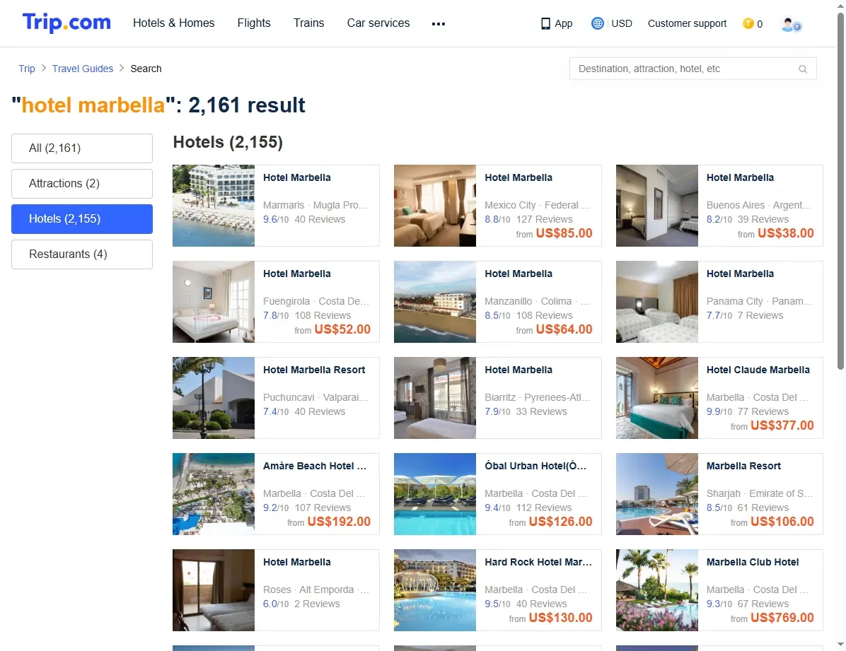 Captura de pantalla de la página web Trip.com mostrando ofertas de hoteles en Marbella.