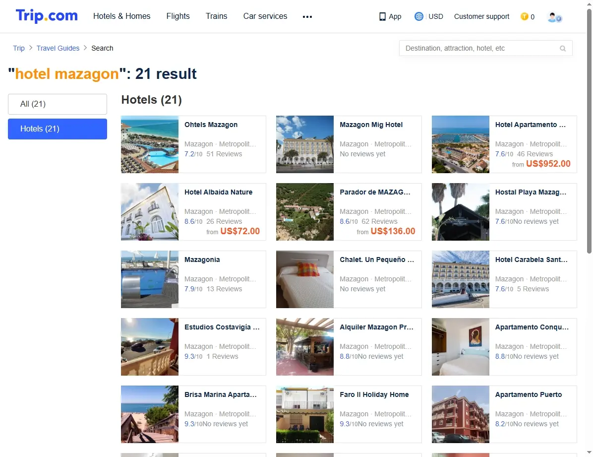 Captura de pantalla mostrando ofertas de hoteles en Mazagón.