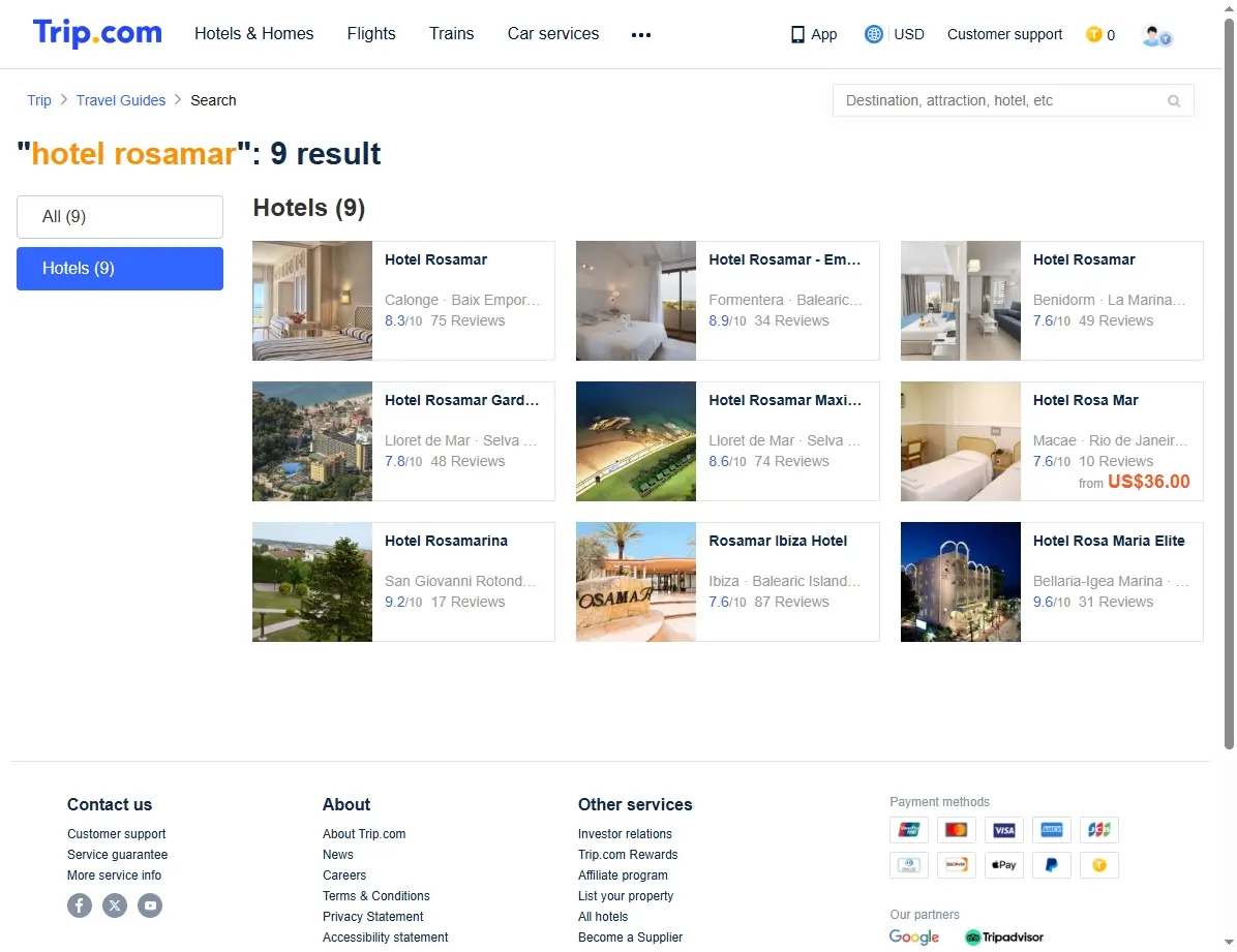 Captura de pantalla mostrando ofertas de hoteles en Trip.com