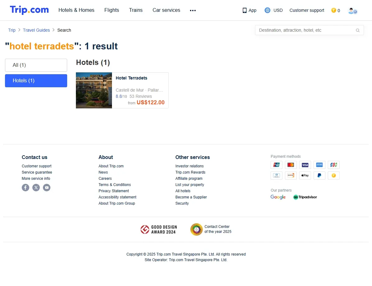 Captura de pantalla mostrando ofertas de alojamiento en el Hotel Terradets