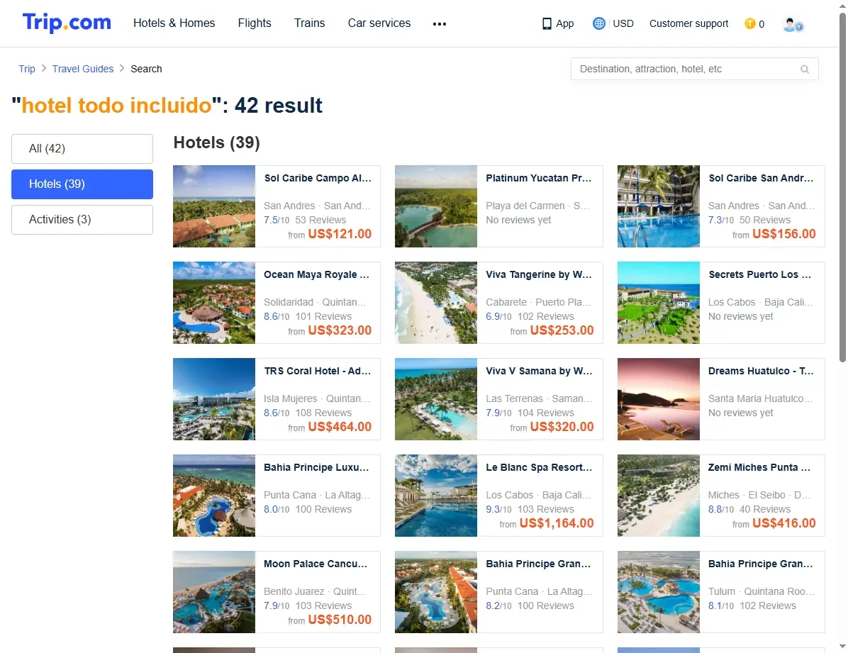 Captura de pantalla de ofertas de hoteles todo incluido en Trip.com