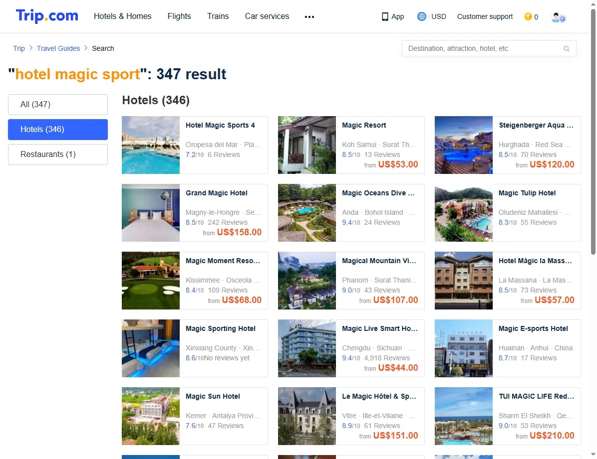 Captura de pantalla mostrando ofertas de reserva de hotel en Trip.com