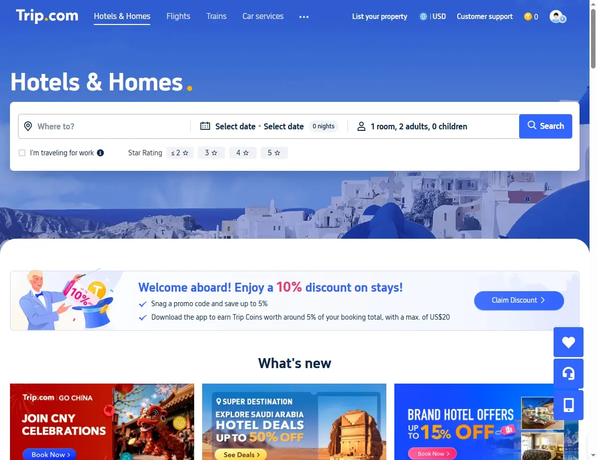 Captura de pantalla de la web de Trip.com con ofertas de hoteles en Málaga