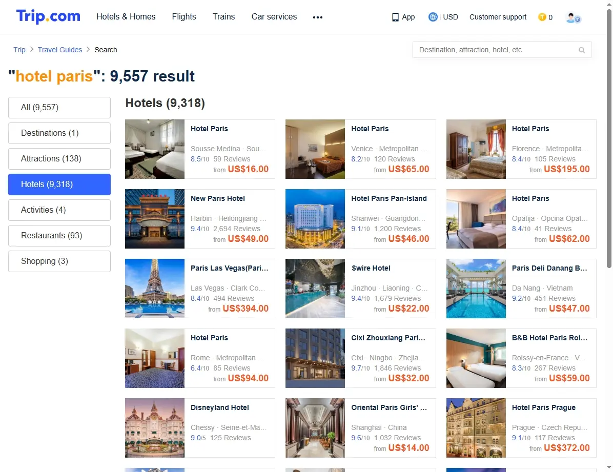 Captura de pantalla mostrando ofertas de hoteles en París