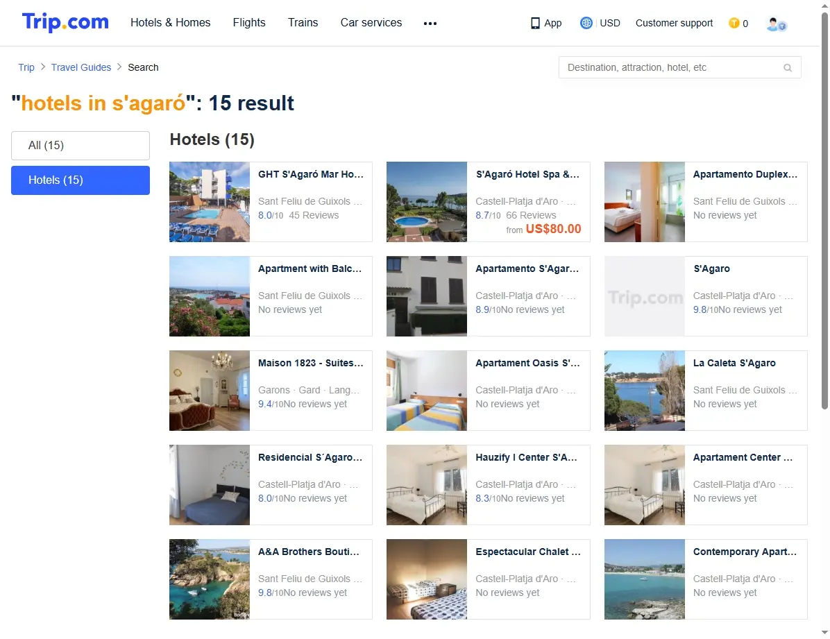 Captura de pantalla de la web de Trip.com mostrando ofertas de hoteles.