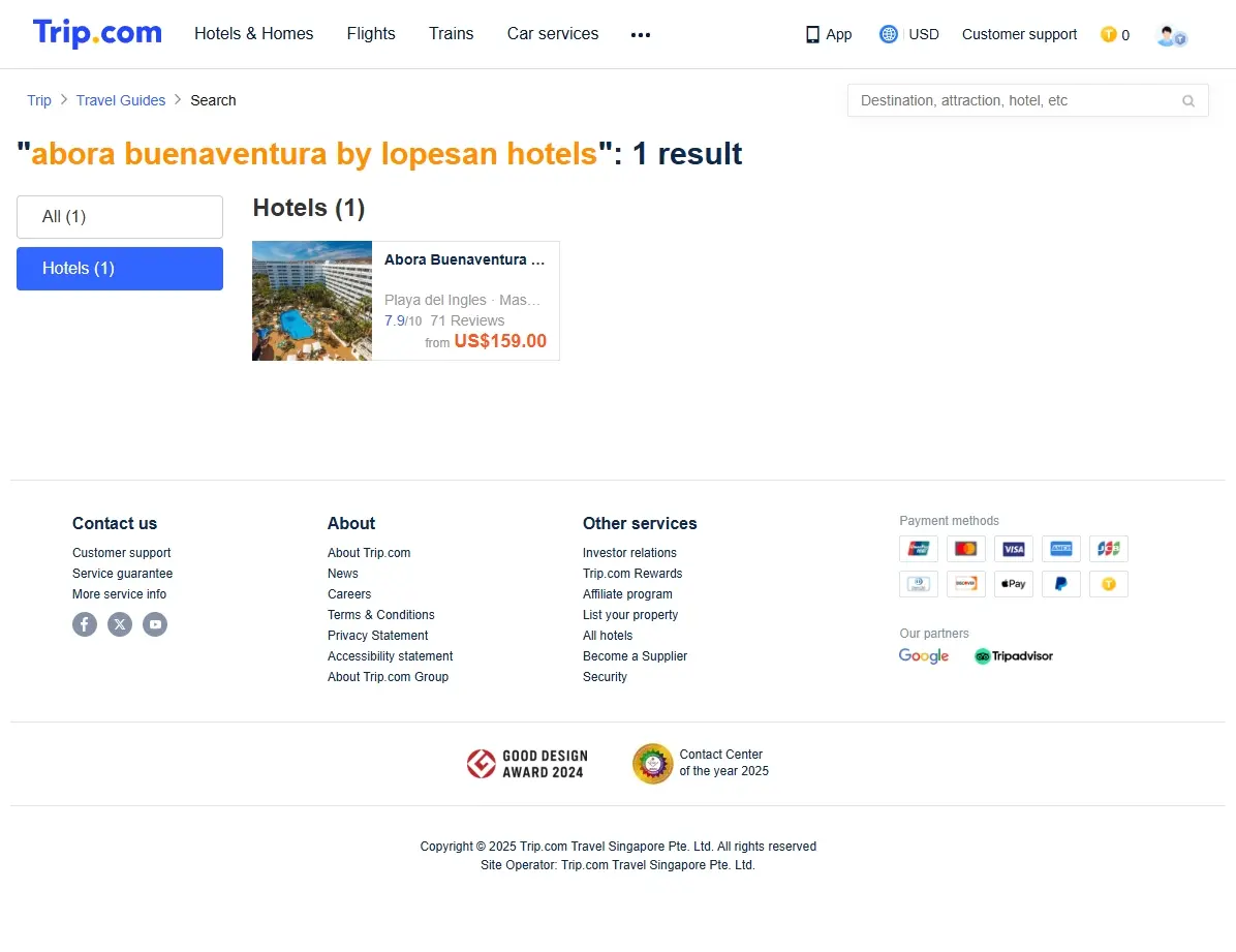 Captura de pantalla mostrando ofertas de hoteles en Trip.com