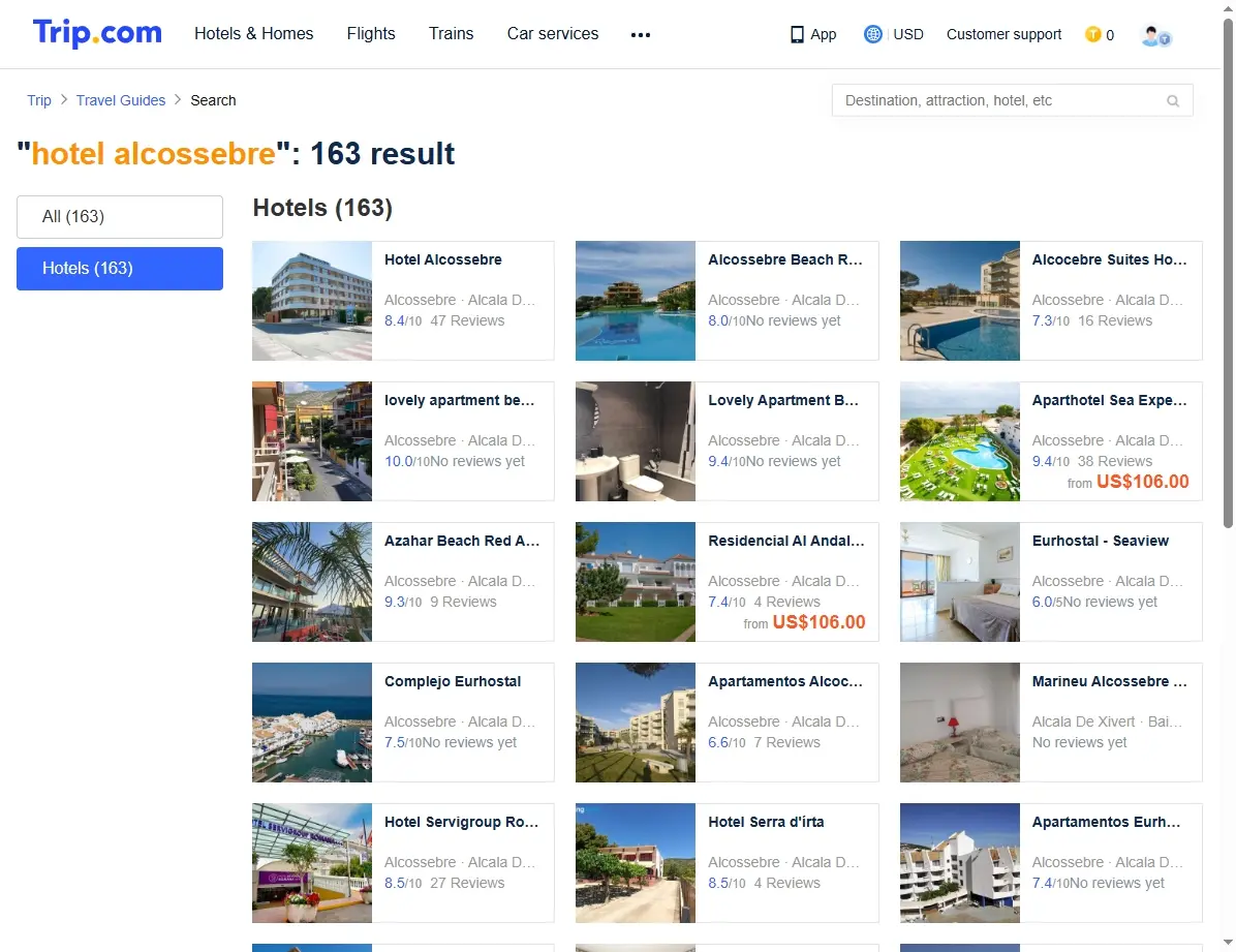 Captura de pantalla mostrando ofertas de hoteles en Alcossebre.