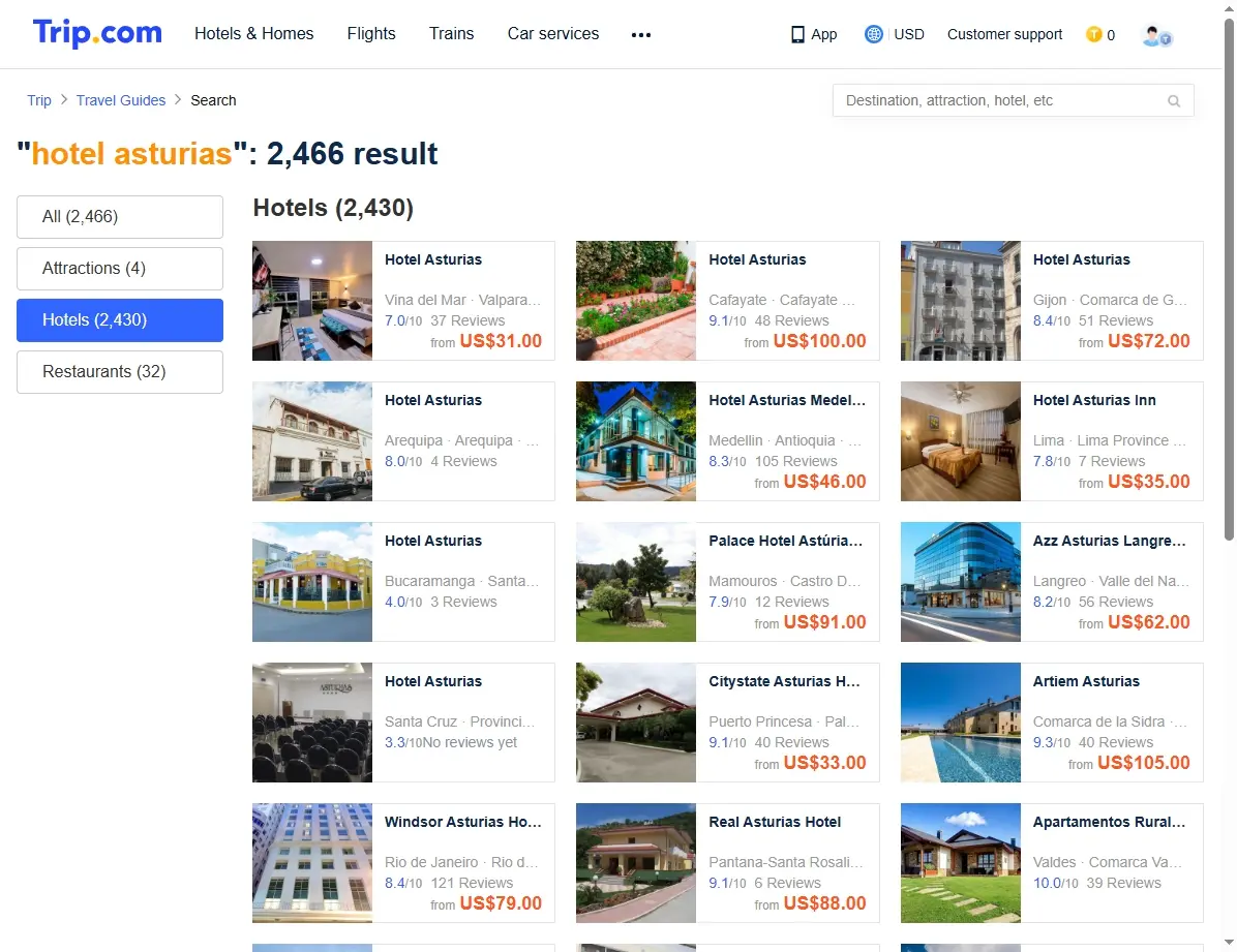 Captura de pantalla de la página de Trip.com con ofertas de hoteles en Asturias
