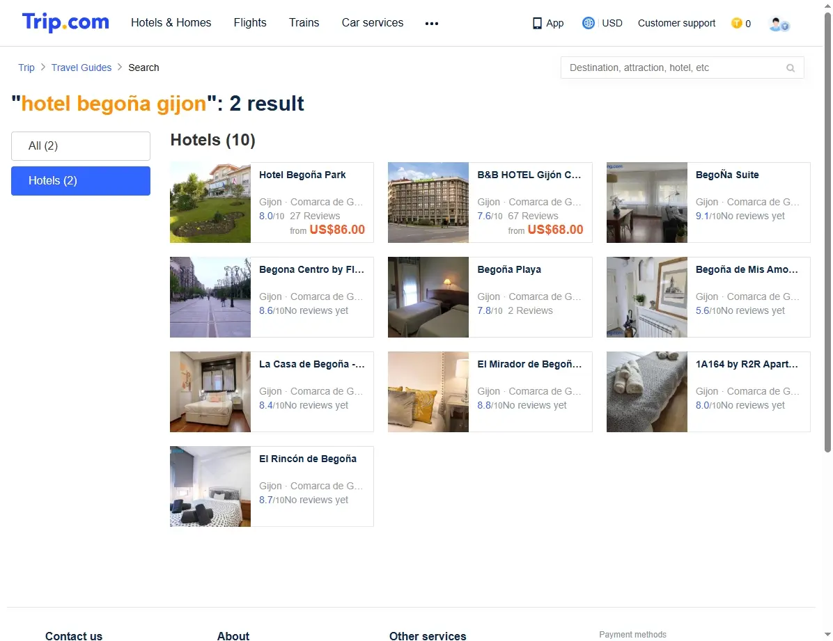 Captura de pantalla mostrando ofertas del Hotel Begoña Gijón en una plataforma de reserva.