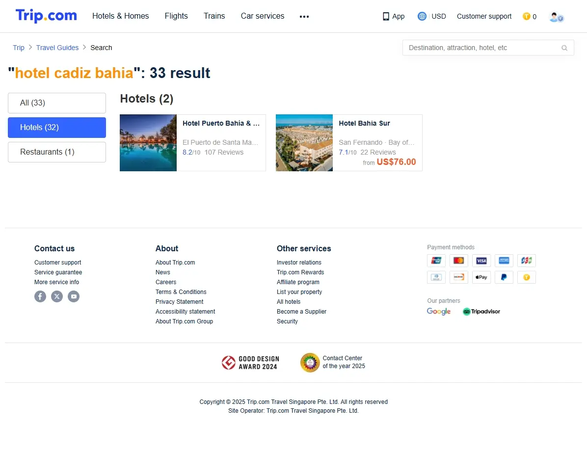 Captura de pantalla mostrando ofertas de hoteles en Cádiz