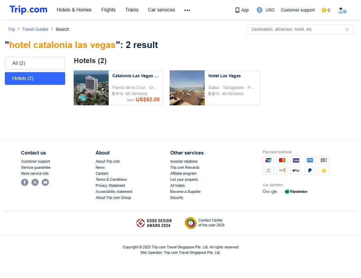 Captura de pantalla mostrando ofertas de hoteles para Las Vegas en un sitio web de viajes.