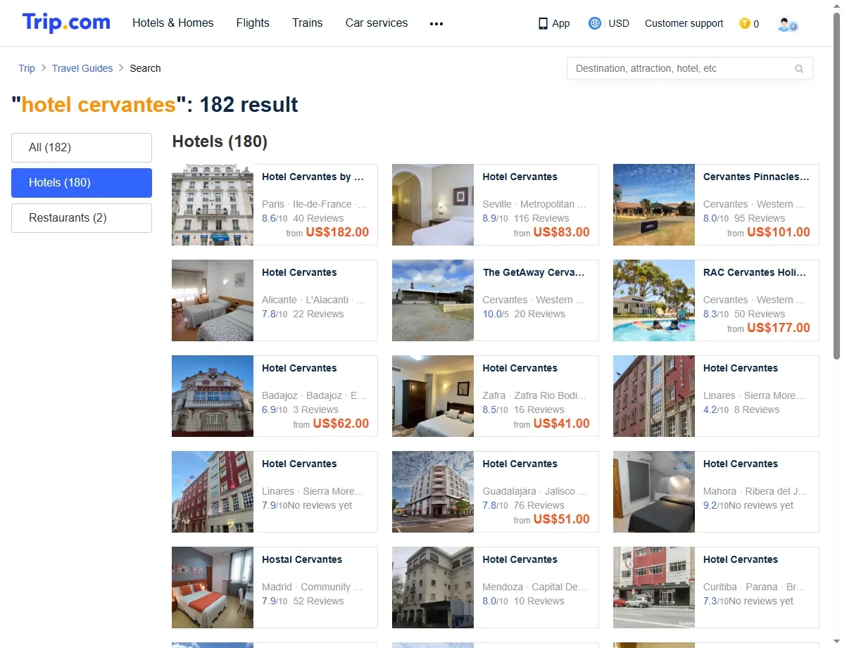 Captura de pantalla mostrando ofertas de hoteles para el Hotel Cervantes.