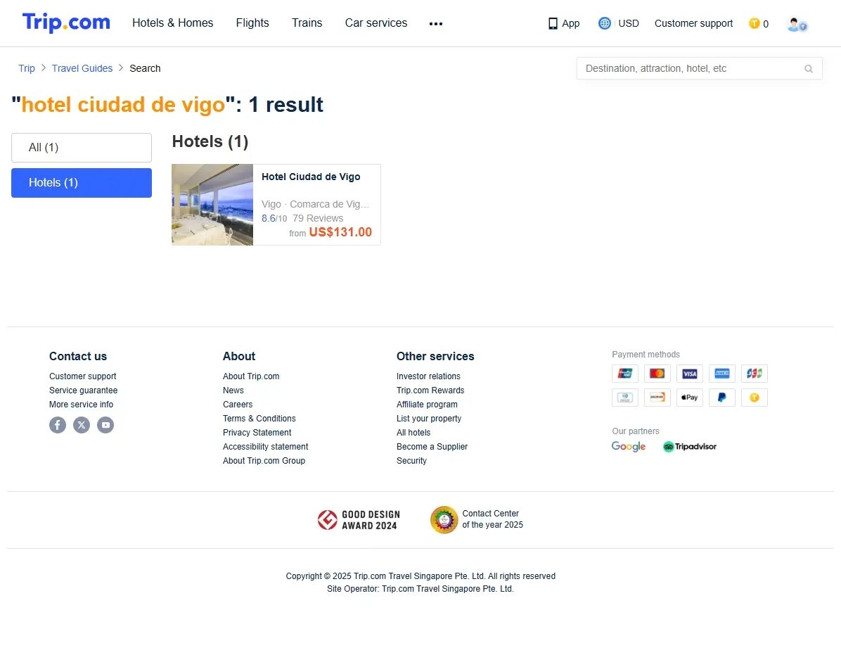 Captura de pantalla mostrando ofertas de hoteles en Vigo