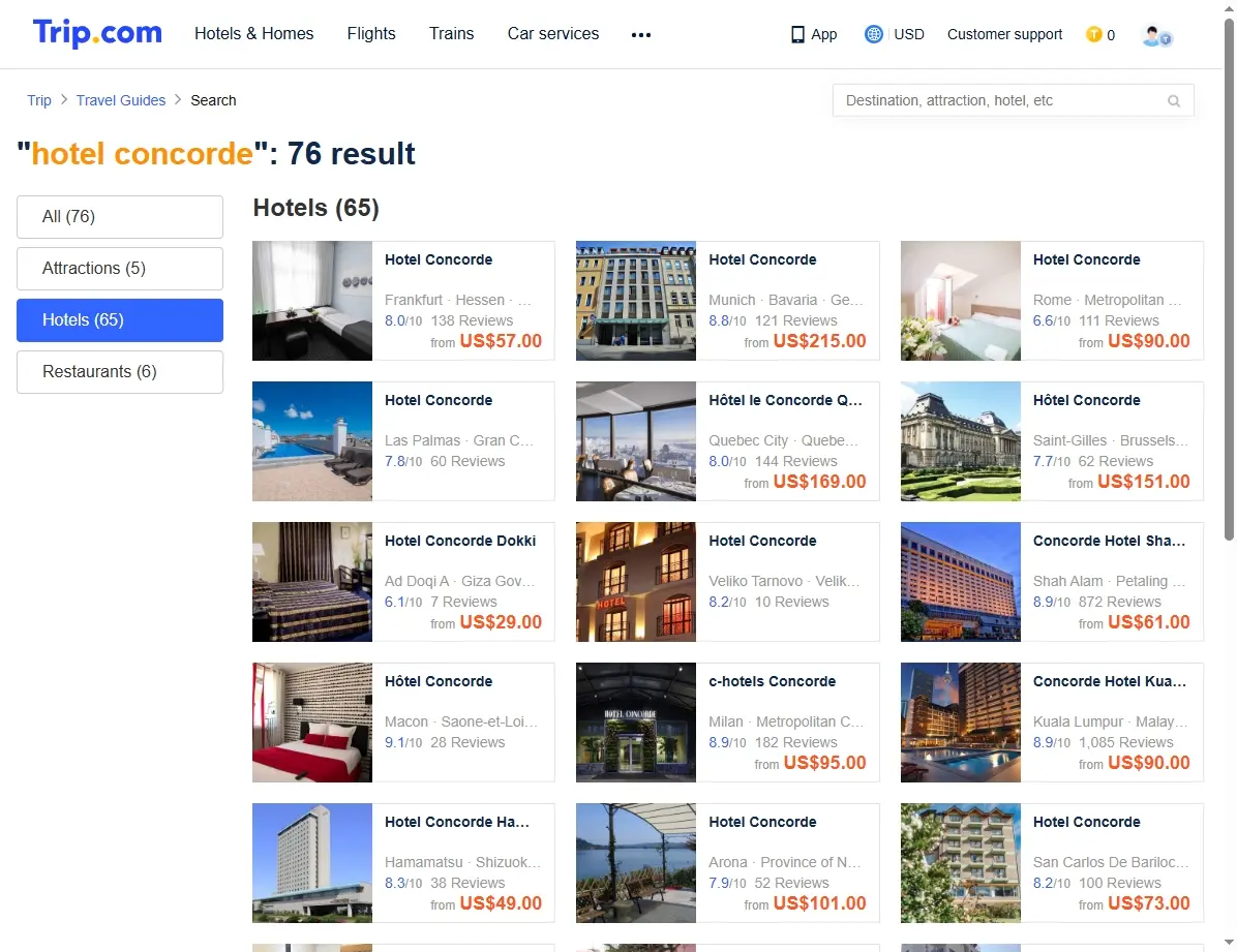 Captura de pantalla de ofertas de hoteles en Trip.com