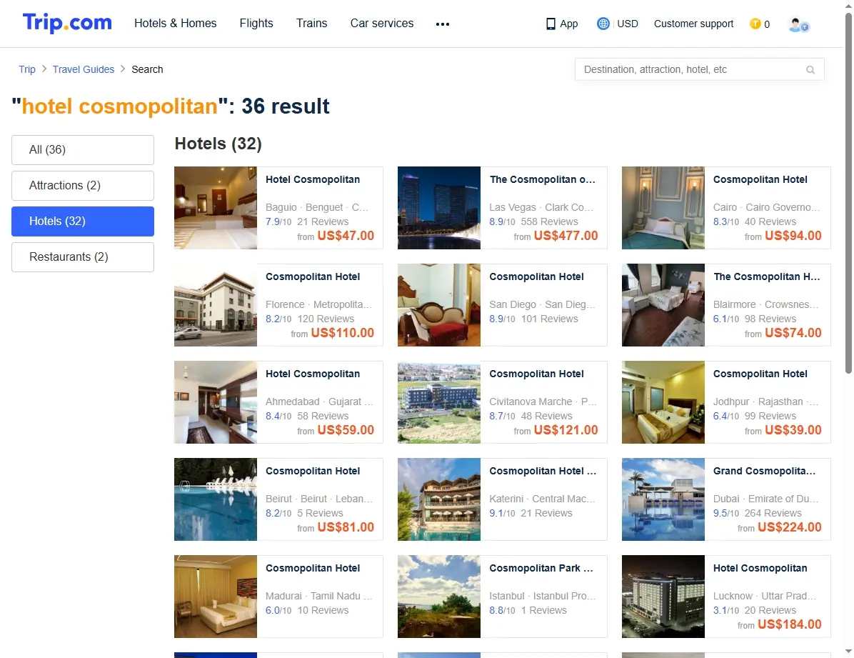 Captura de pantalla mostrando ofertas de hoteles en Trip.com