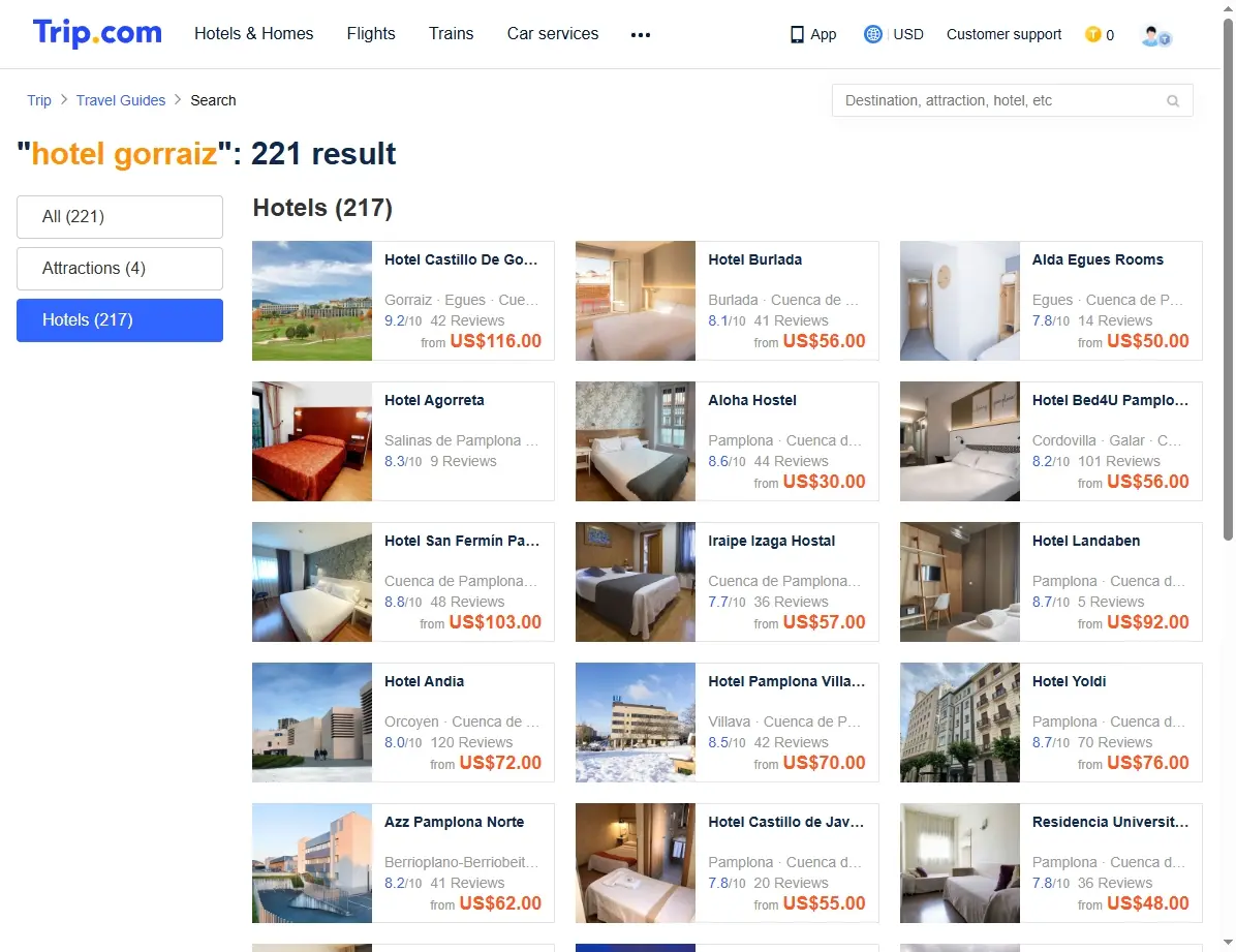 Captura de pantalla mostrando ofertas de hoteles en Trip.com