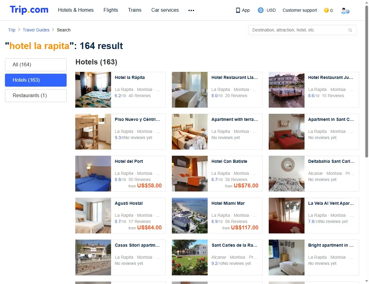 Captura de pantalla mostrando ofertas de hoteles en Sant Carles de la Ràpita