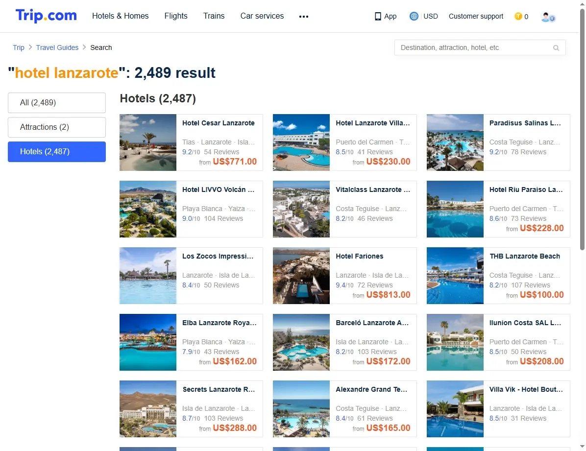Captura de pantalla mostrando ofertas de hoteles en Lanzarote