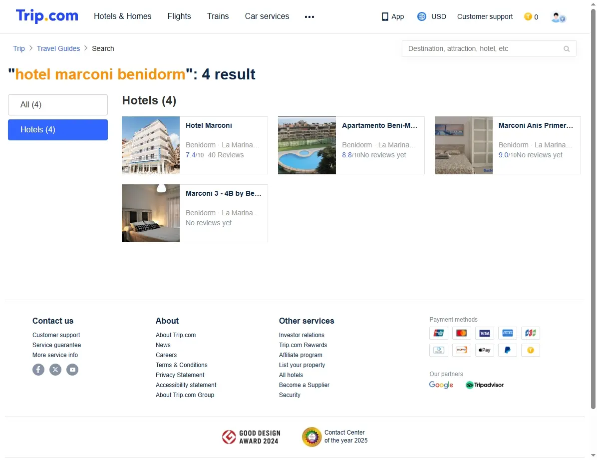 Captura de pantalla de ofertas de hoteles para el Hotel Marconi Benidorm