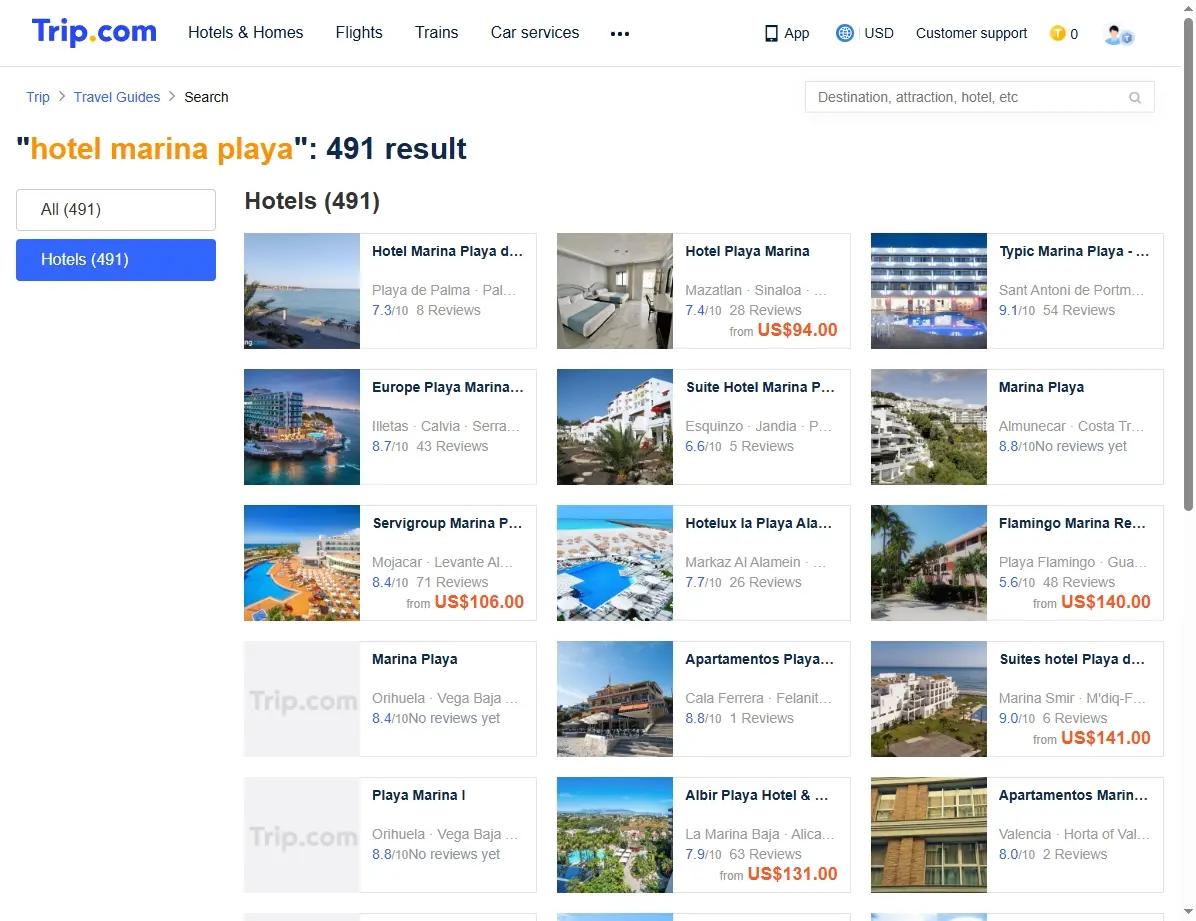 Captura de pantalla mostrando ofertas de reserva para Hotel Marina Playa