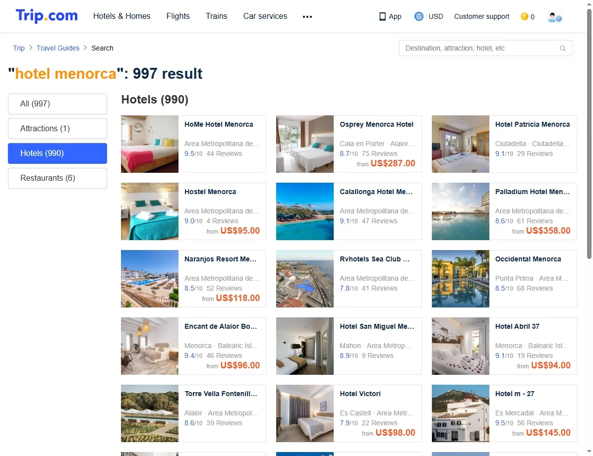 Captura de pantalla de ofertas de hoteles en Menorca