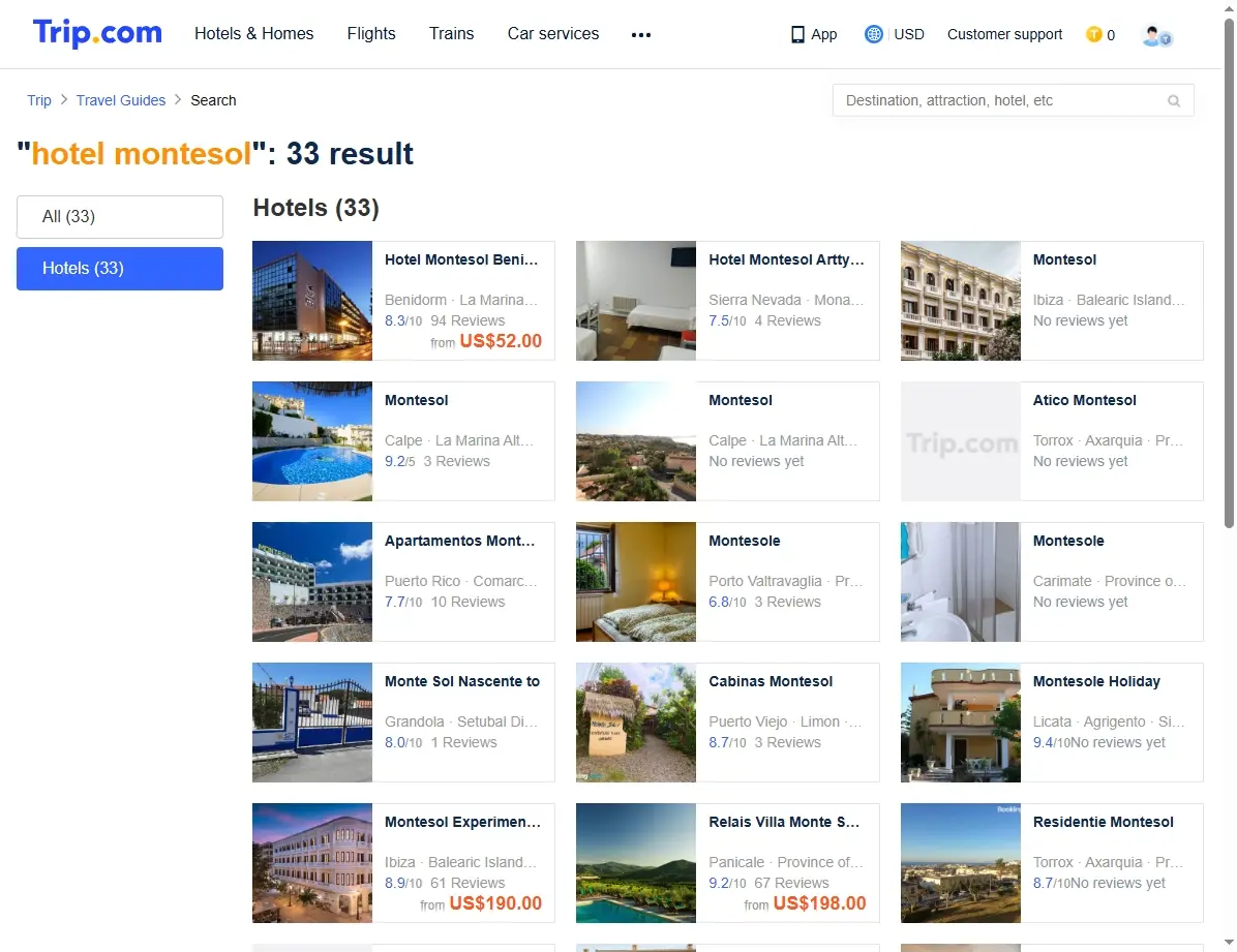 Captura de pantalla de ofertas de hotel en Trip.com