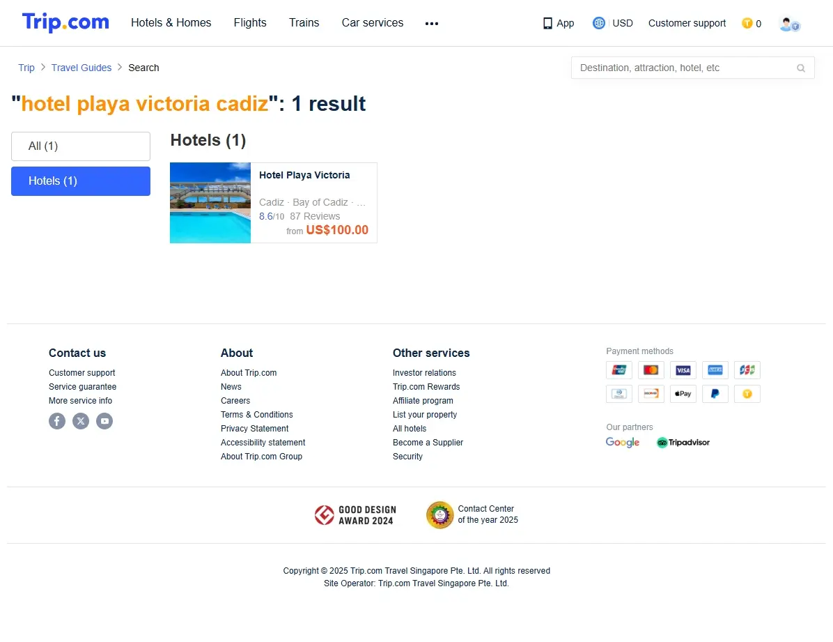 Captura de pantalla mostrando ofertas de hoteles en Trip.com