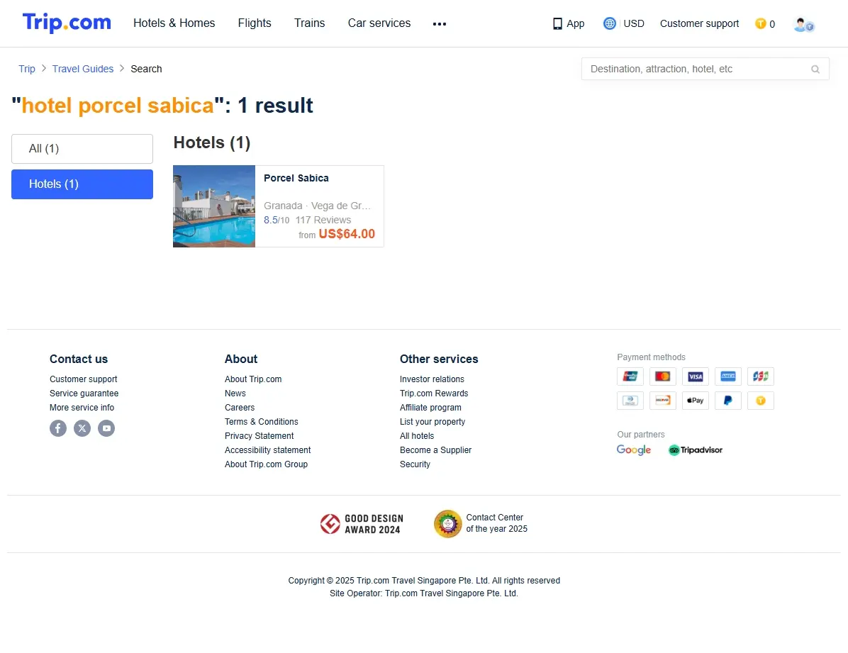Captura de pantalla mostrando ofertas de reserva del Hotel Porcel Sabica