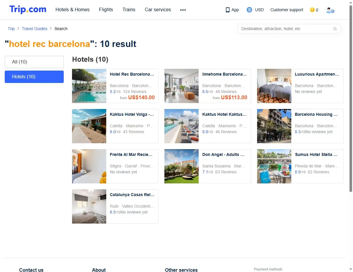 Captura de pantalla mostrando ofertas especiales de hoteles en Barcelona