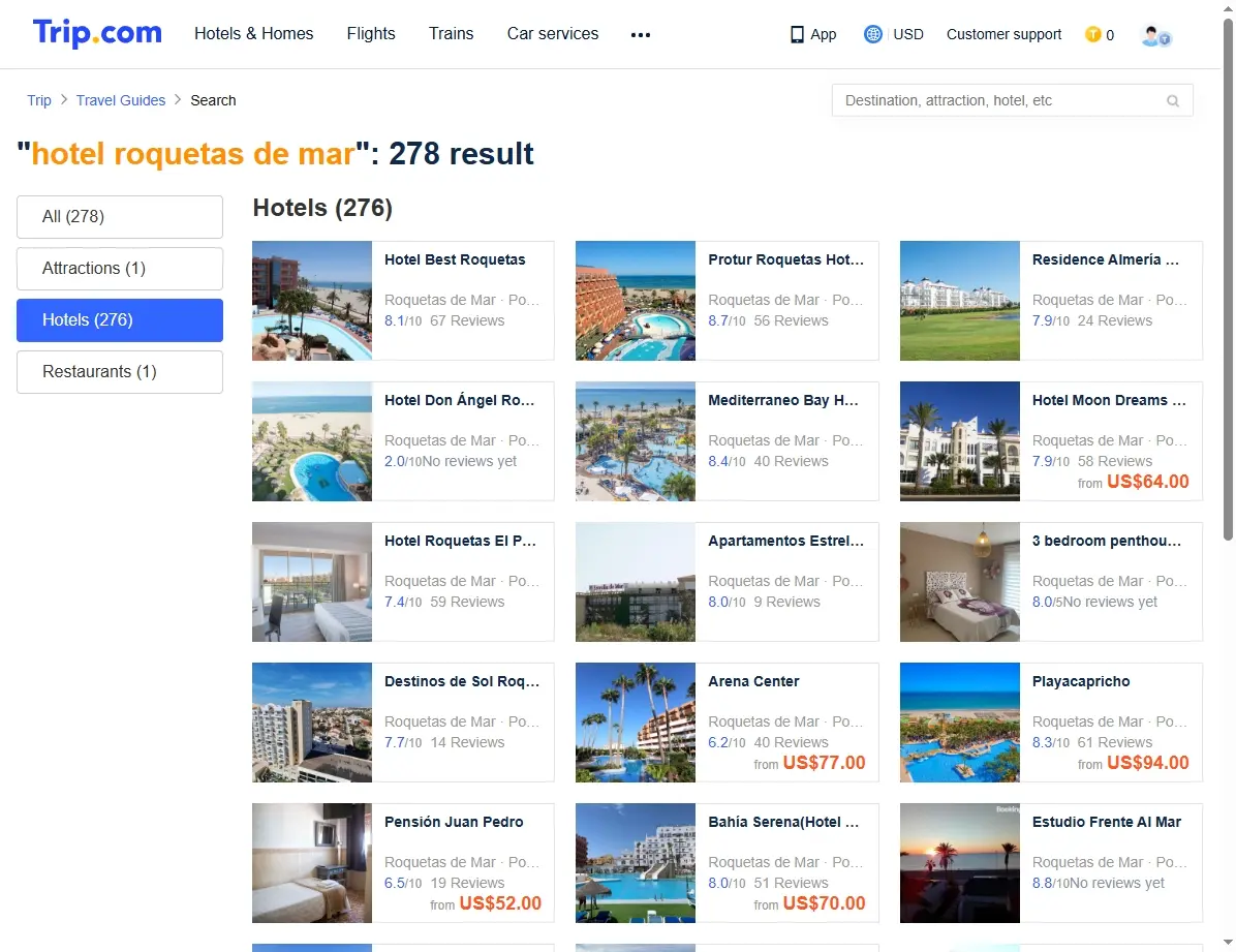 Captura de pantalla mostrando ofertas especiales de hoteles en Roquetas de Mar