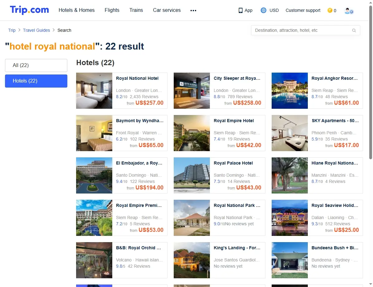 Ofertas especiales de hoteles y viajes disponibles en Trip.com, destacando el Hotel Royal National.