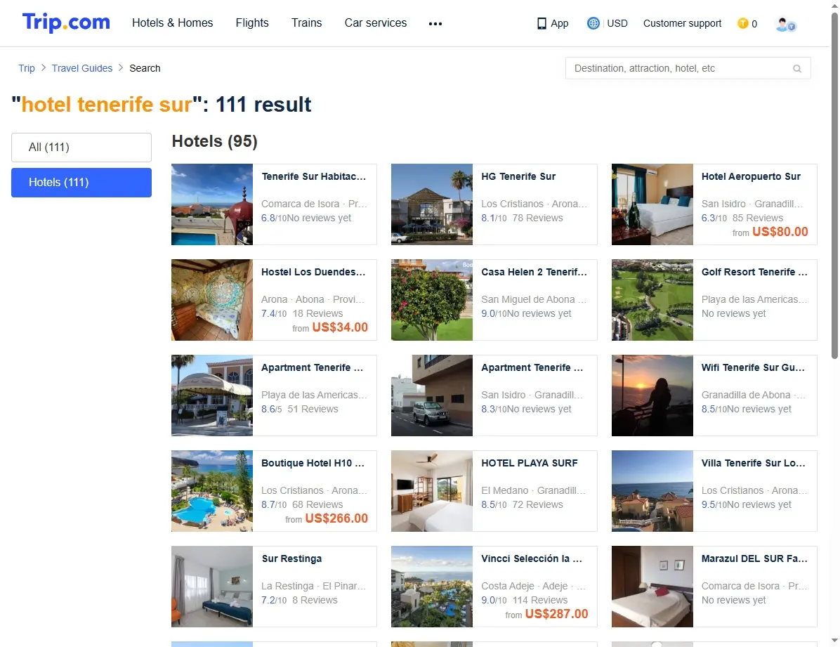 Captura de pantalla mostrando ofertas de hoteles en Tenerife Sur