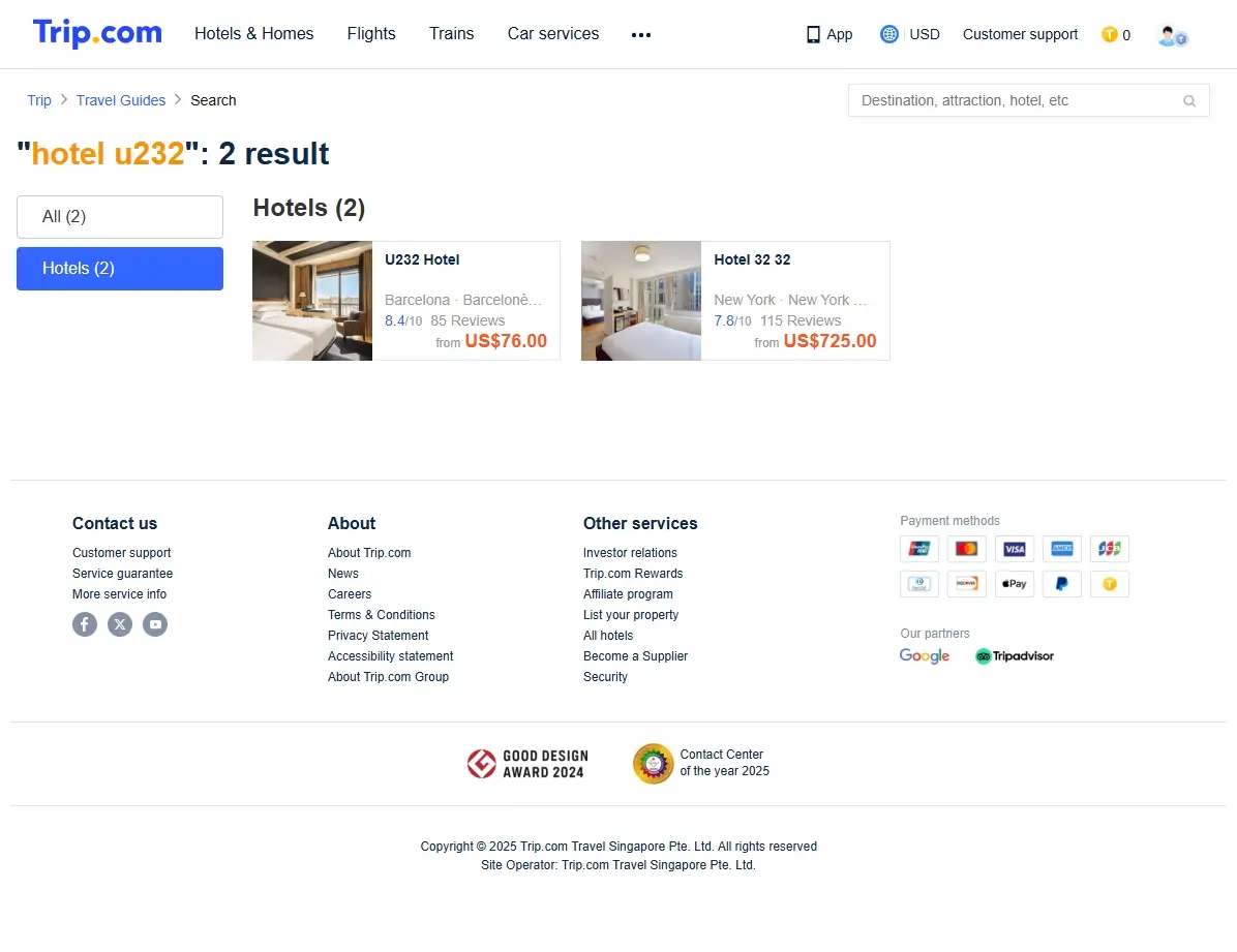 Captura de pantalla mostrando ofertas especiales de hotel u232 en Trip.com