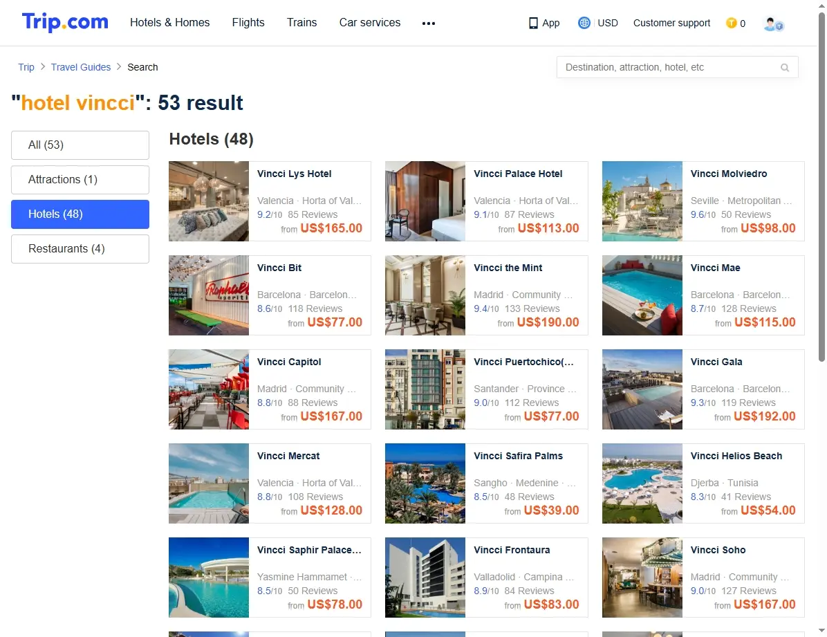 Captura de pantalla mostrando ofertas especiales de hotel Vincci en Trip.com