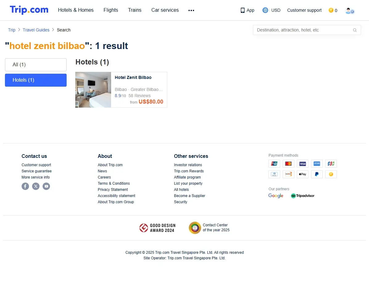 Captura de pantalla de la web mostrando ofertas especiales para Hotel Zenit Bilbao
