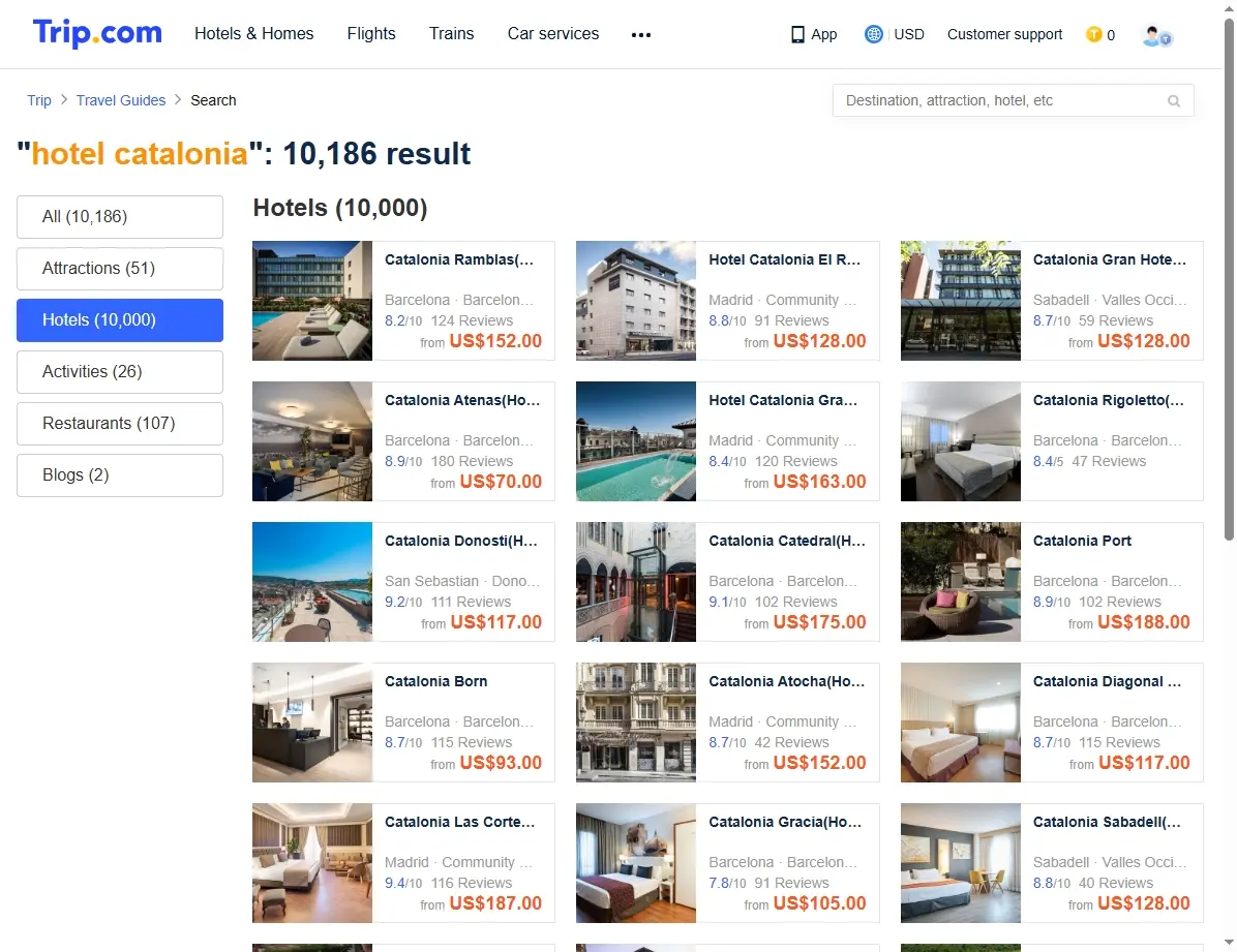 Captura de pantalla mostrando ofertas de Hotel Catalonia