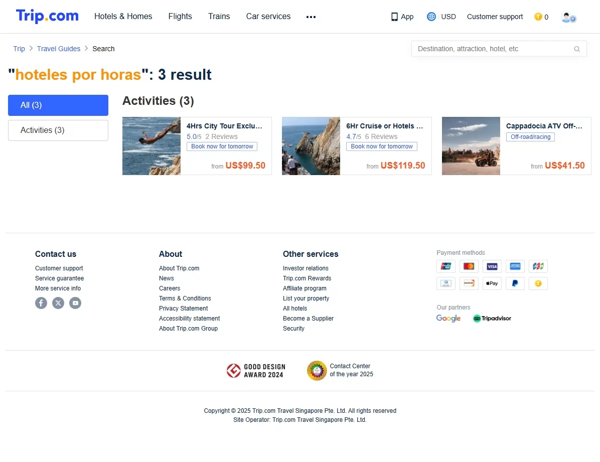Captura de pantalla mostrando ofertas de hoteles por horas