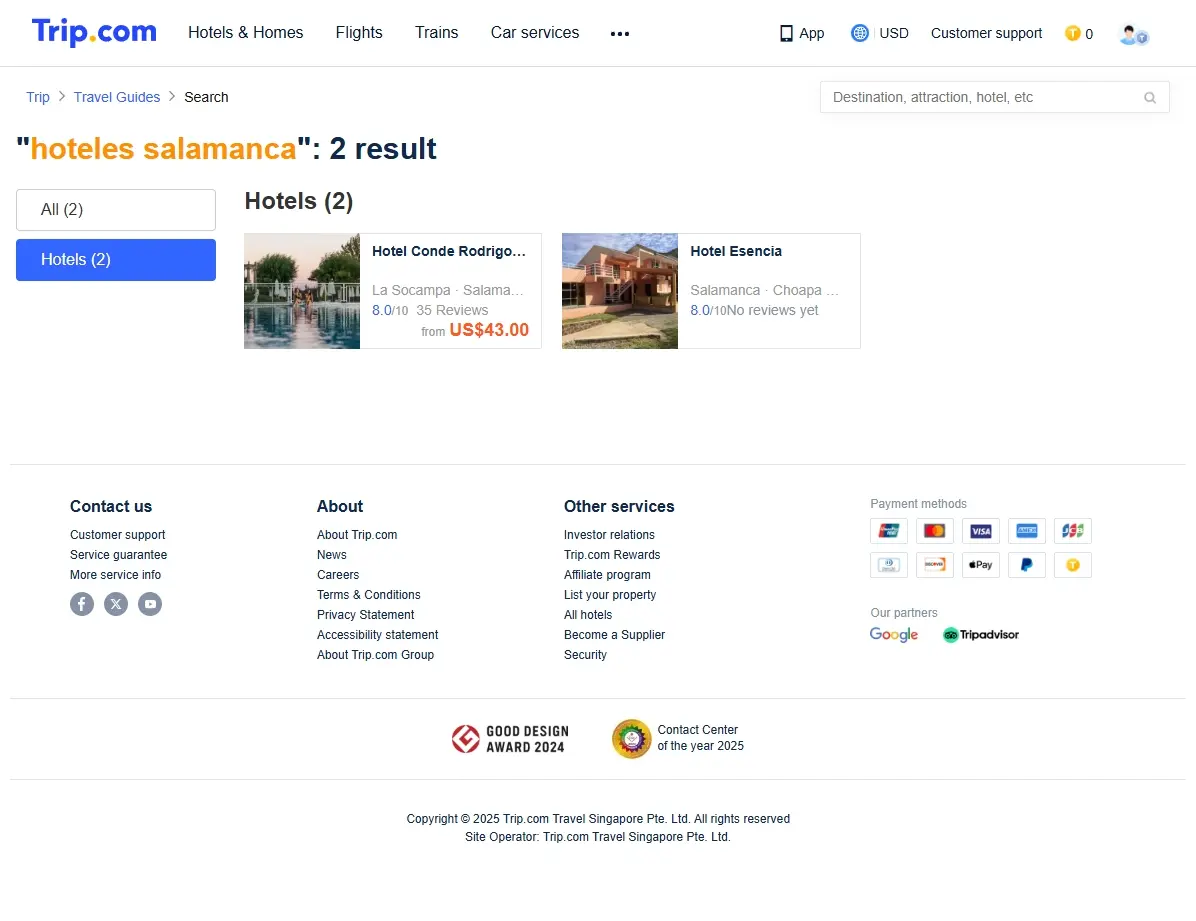 Captura de pantalla mostrando ofertas de hoteles en Salamanca
