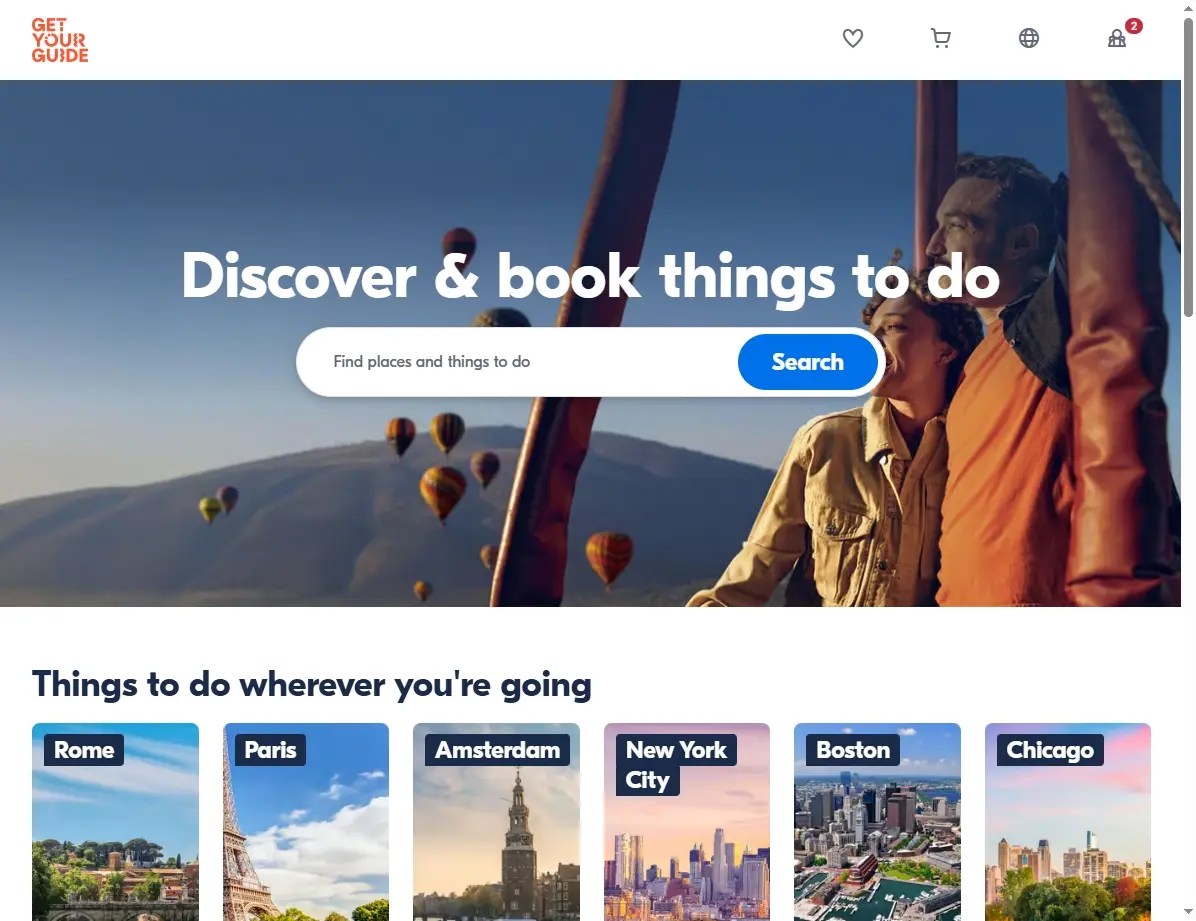 Captura de pantalla de la página de ofertas de actividades turísticas