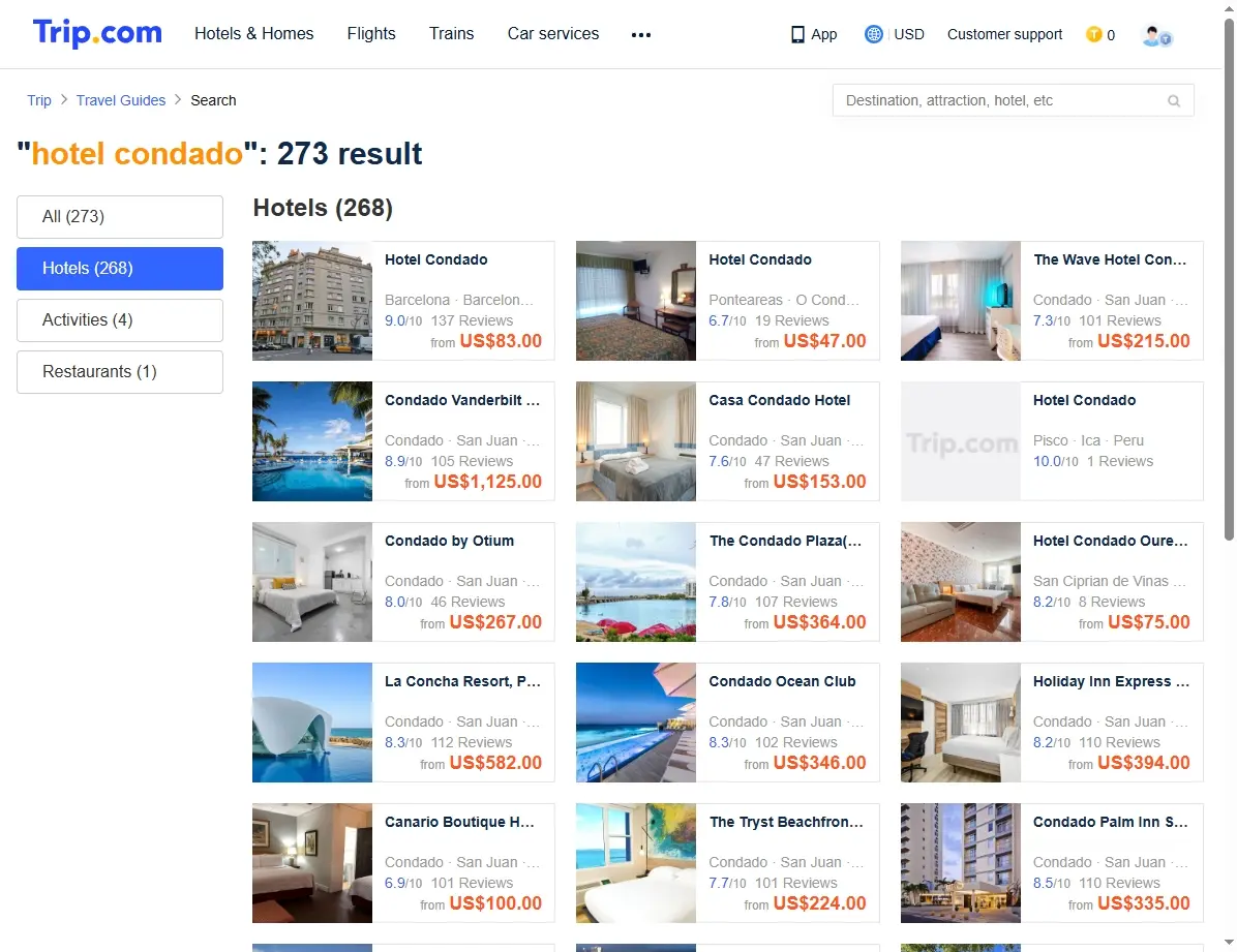 Captura de pantalla mostrando ofertas especiales para hoteles en Condado.