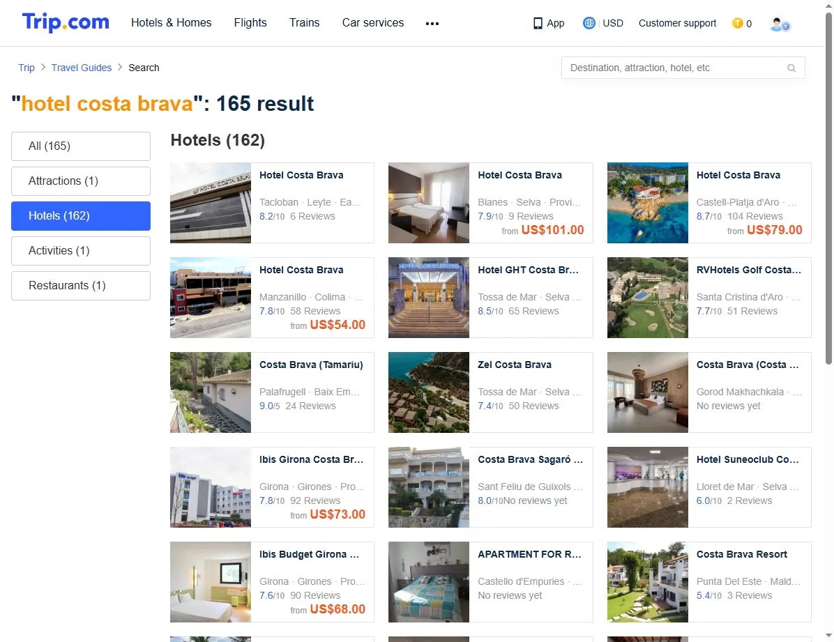 Captura de pantalla mostrando ofertas especiales de hoteles en la Costa Brava