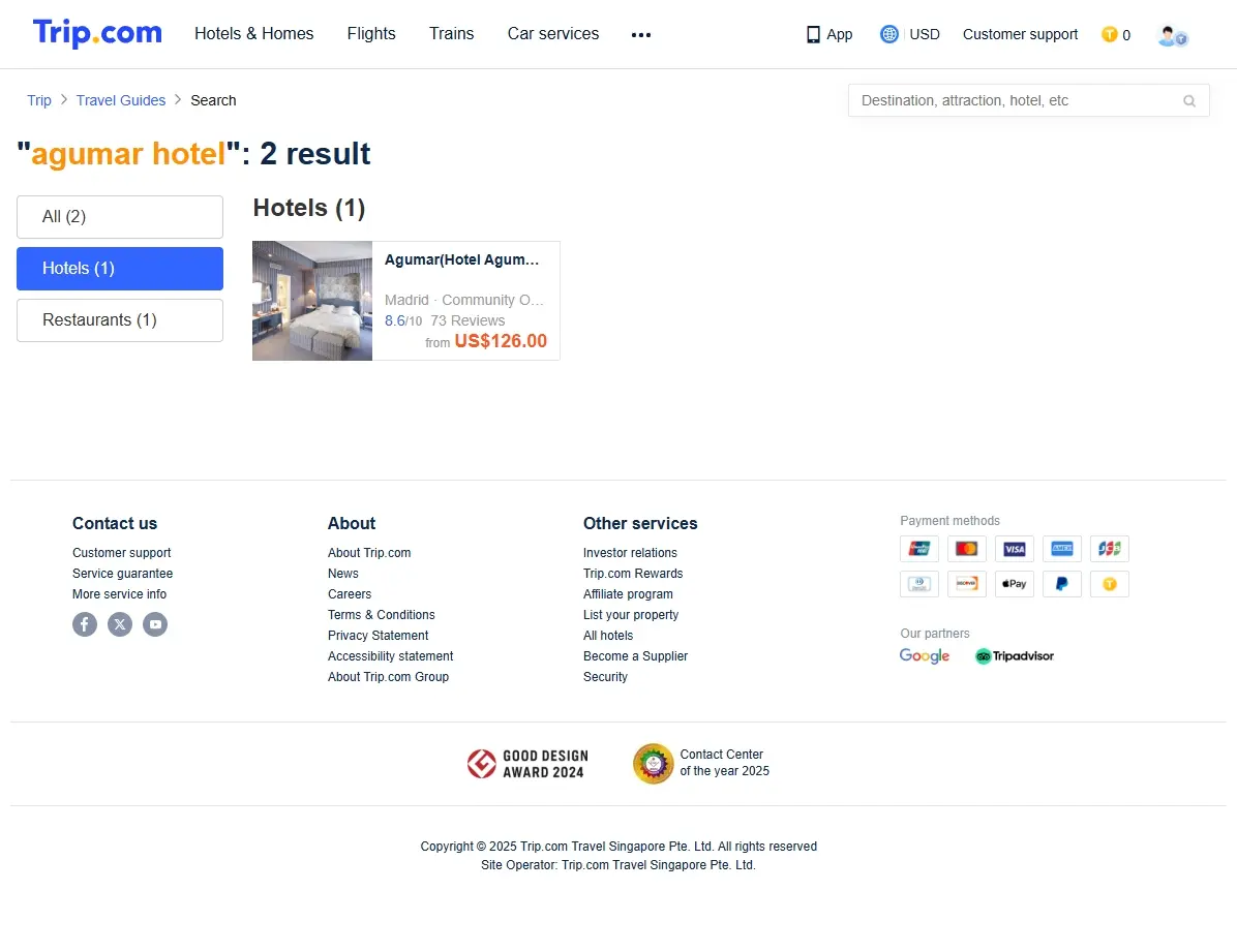 Captura de pantalla mostrando ofertas de hoteles para Agumar Hotel
