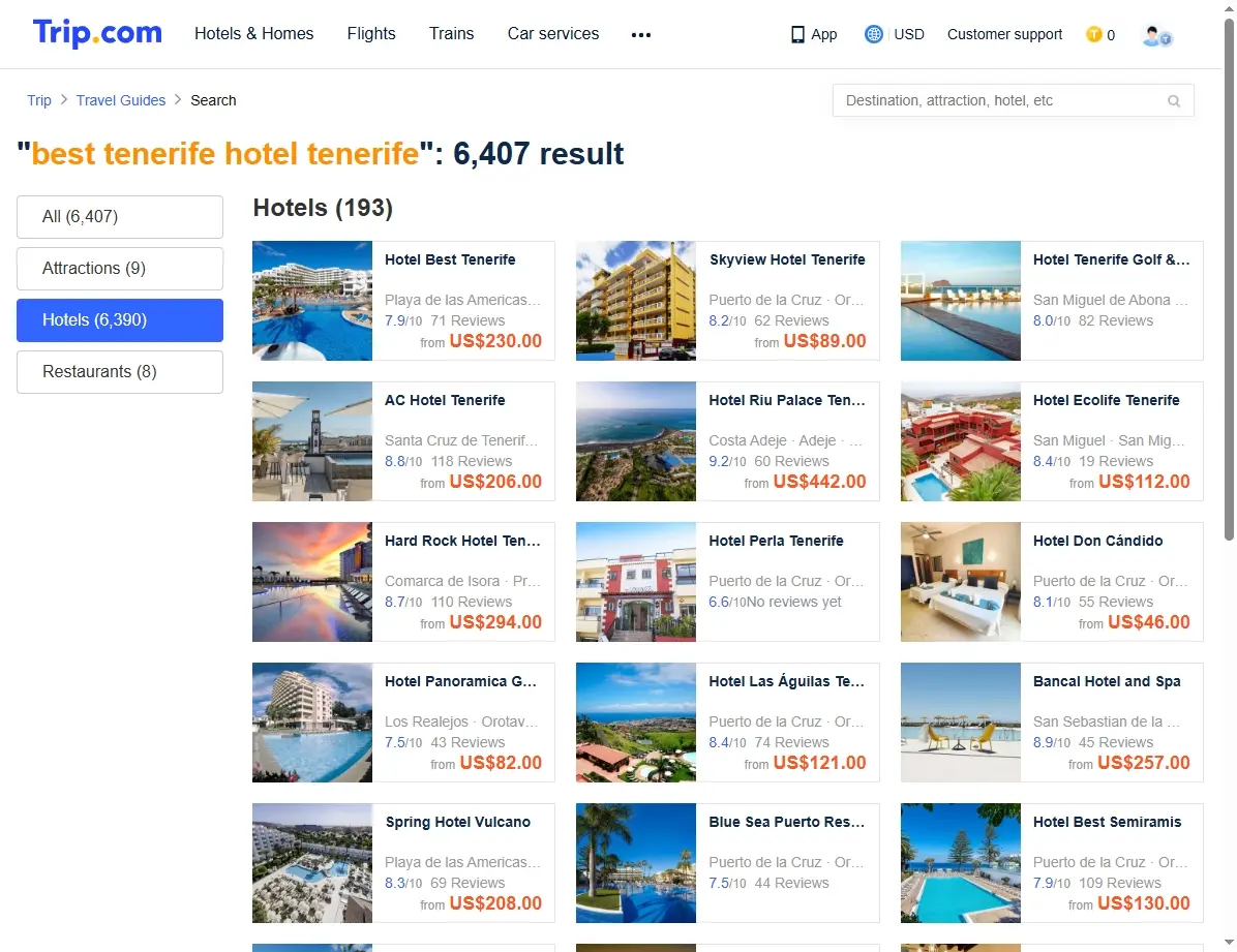 Captura de pantalla de ofertas de hoteles en Trip.com