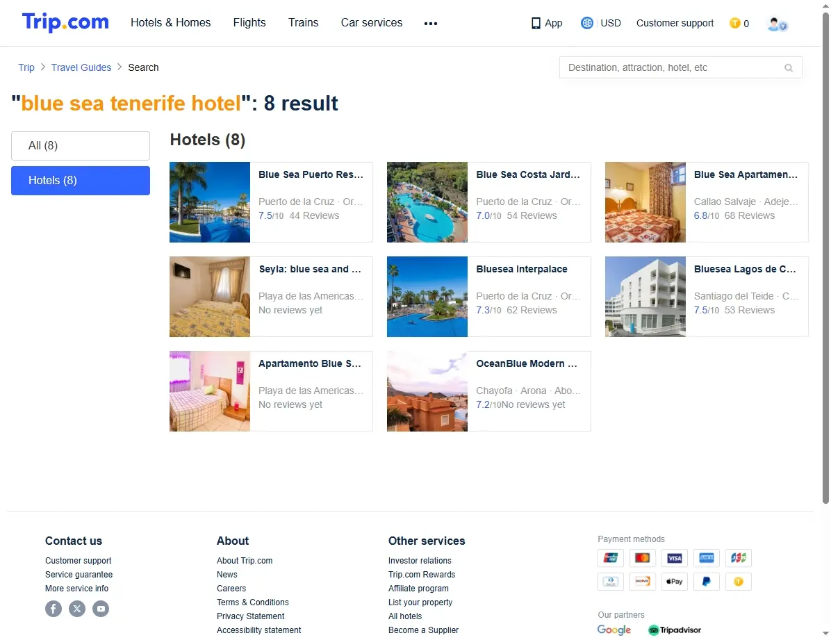 Captura de pantalla mostrando ofertas de hoteles para Blue Sea Tenerife en Trip.com