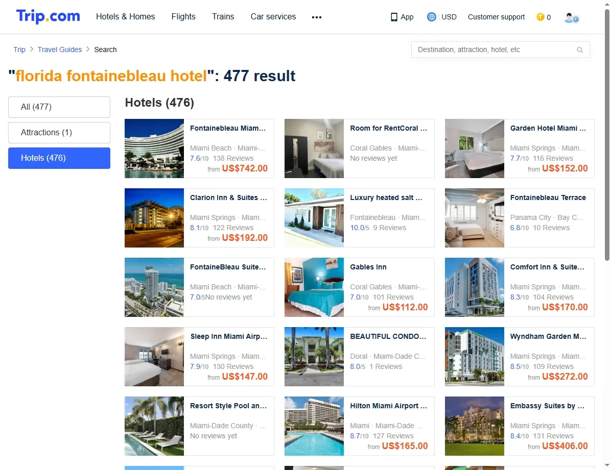 Captura de pantalla mostrando ofertas de hoteles en Florida