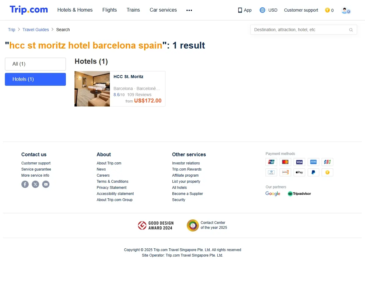 Captura de pantalla mostrando ofertas de hoteles para HCC St Moritz Hotel Barcelona Spain