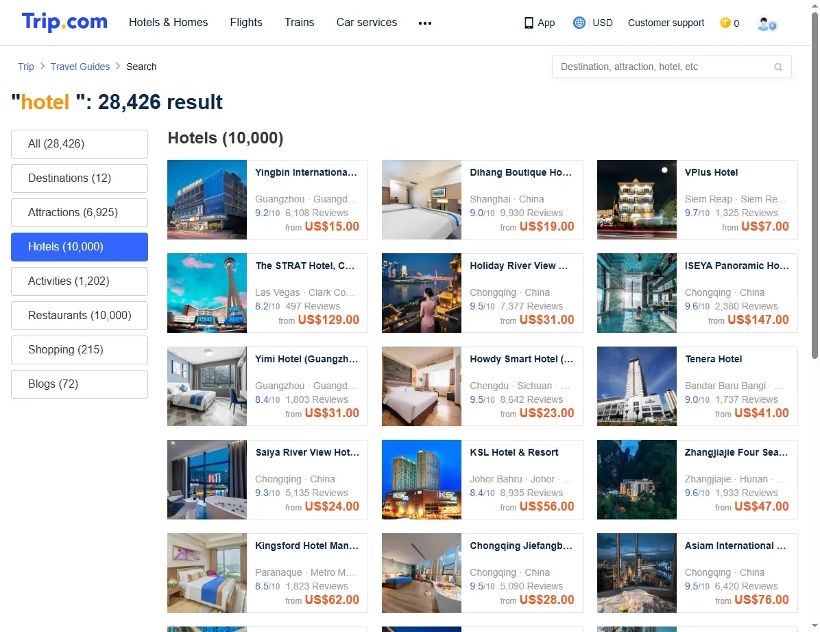 Captura de pantalla mostrando ofertas de hoteles en Trip.com