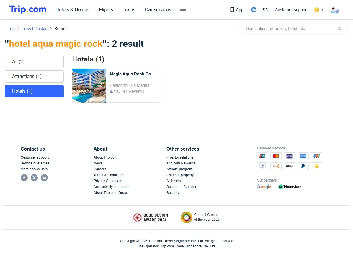 Captura de pantalla de ofertas de hotel en Trip.com