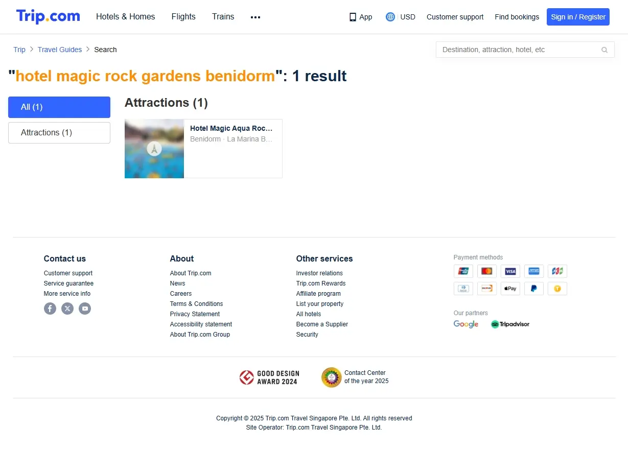 Captura de pantalla de ofertas de hoteles para el Magic Rock Gardens Benidorm